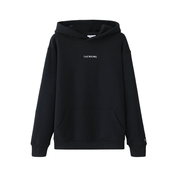Black Cotton Hoodie with The Ruling print in white on the top centred 